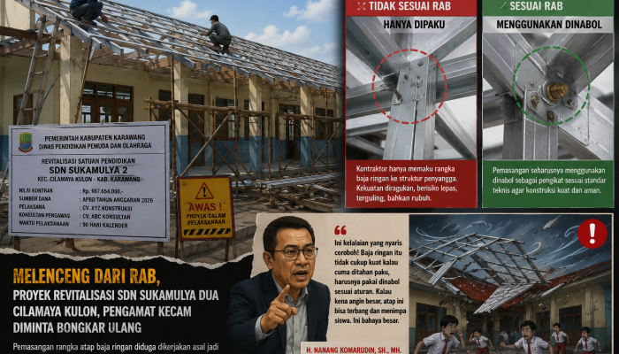 Diduga Tak Sesuai RAB, Pemasangan Baja Ringan SDN Sukamulya 2 Dinilai Ancam Keselamatan Siswa